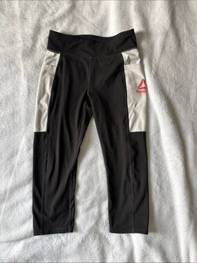 Reebok Black and White Capri Leggings with Pink Logo